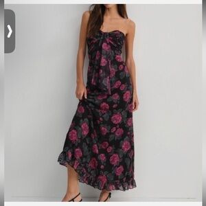 For Love & Lemons Floral Maxi Dress Strapless Bow Tie Black Small Formal Prom